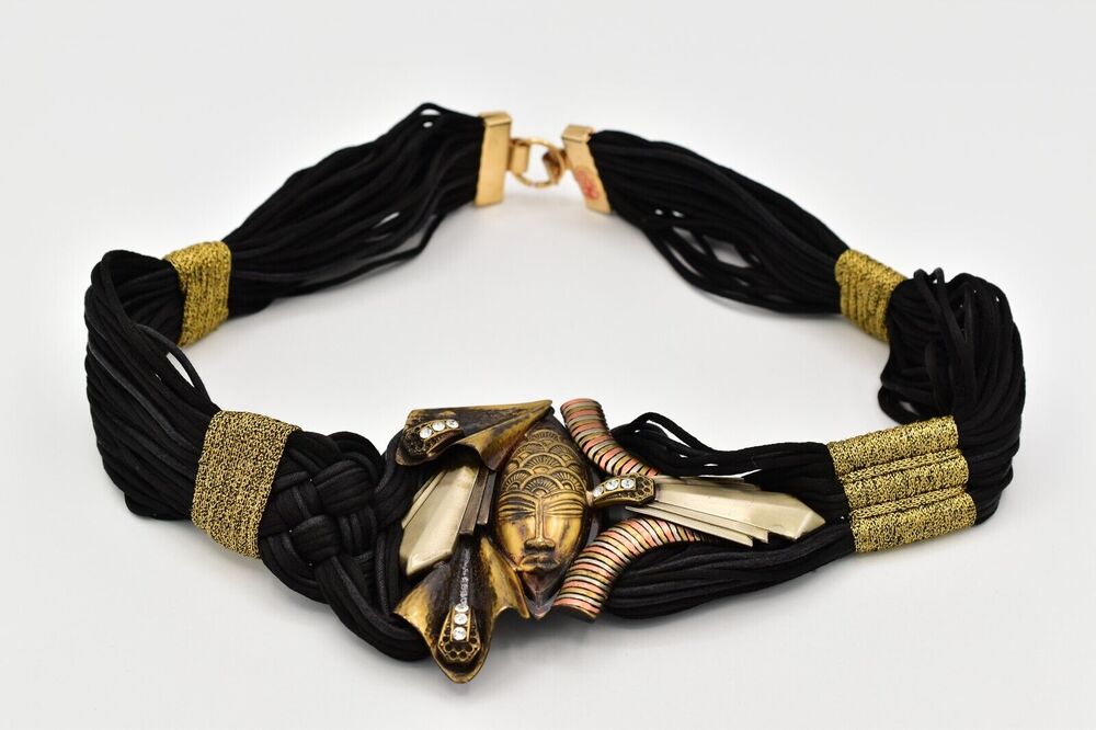 Vintage Made In Italy Waist Belt Mayan Metal Black Weaved Crystal Chunky 26"